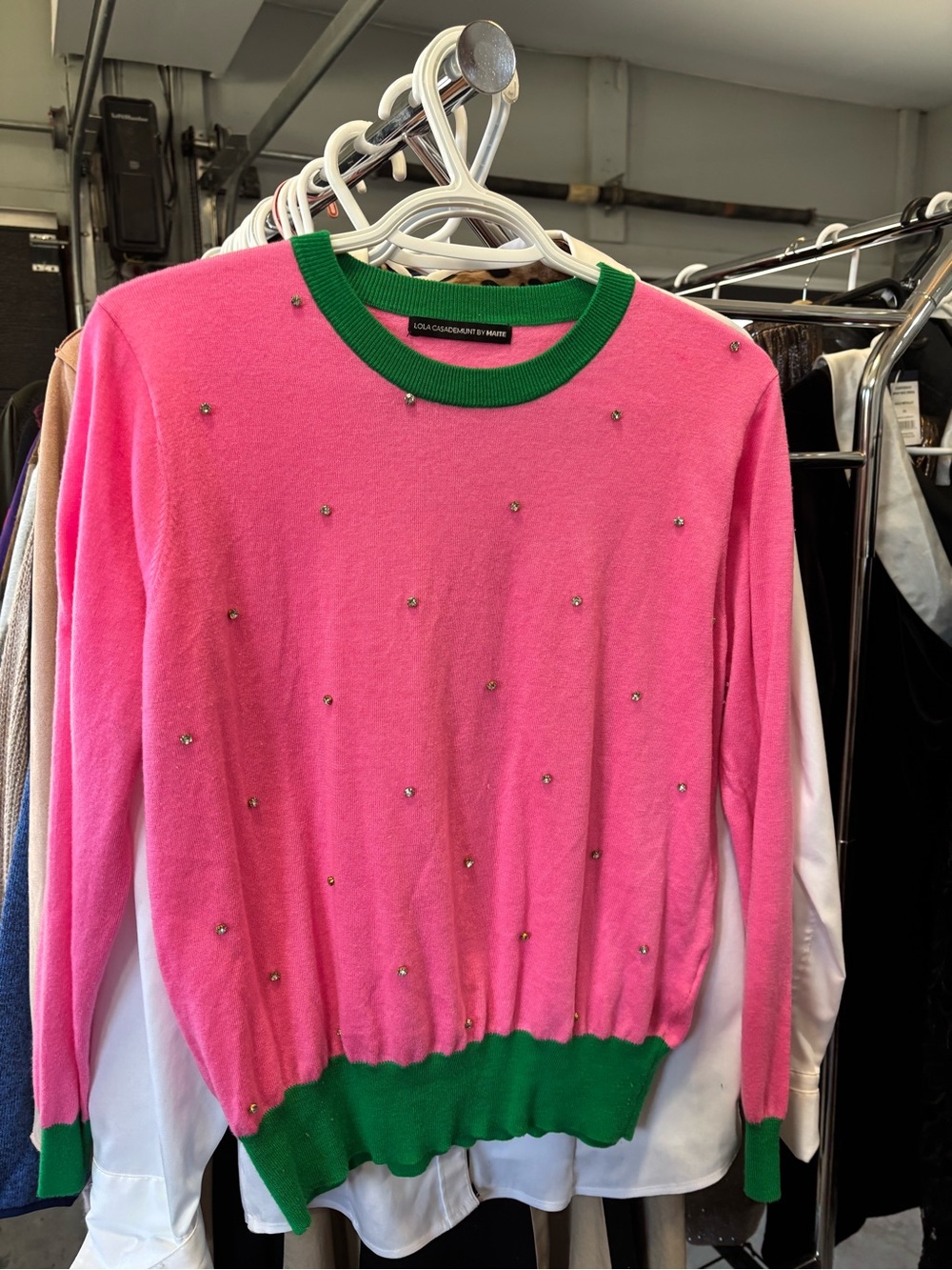 Pink Crewneck Sweater with Green Trim and Crystal Accents